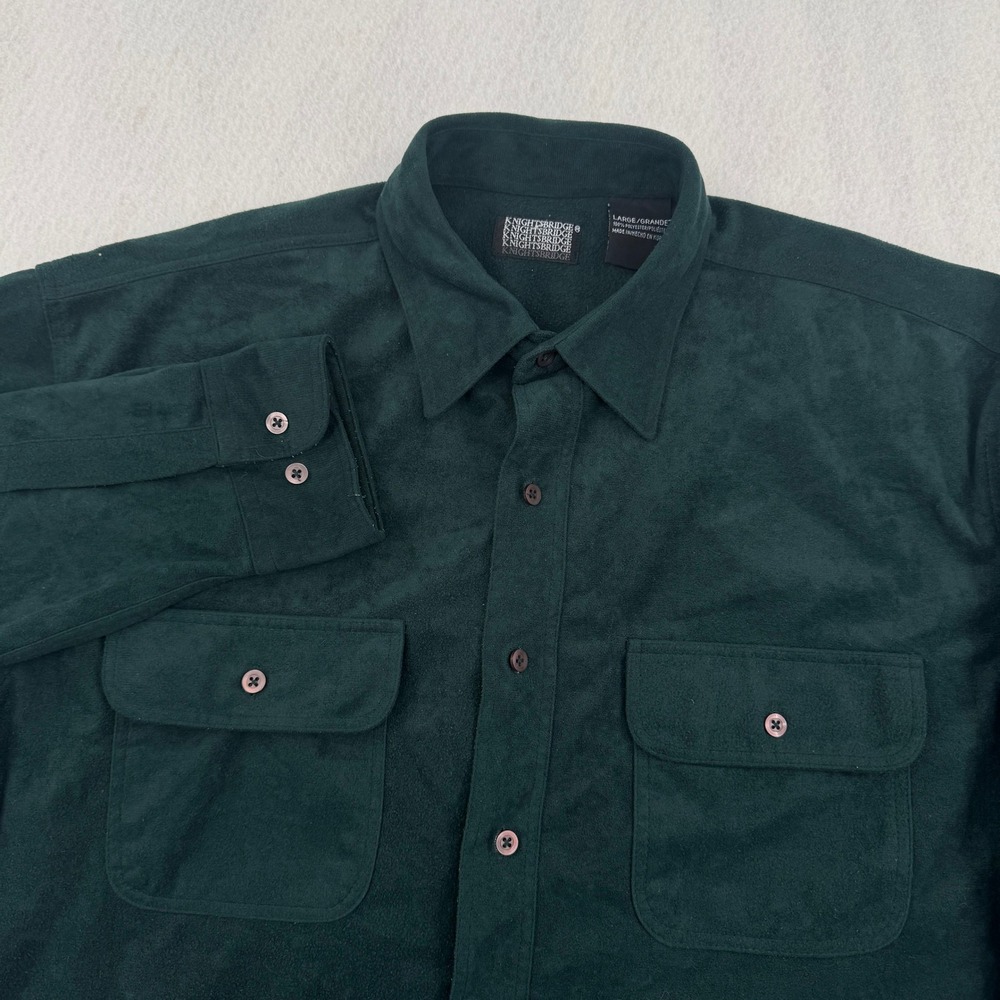 Vintage Knightsbridge Mens L Faux Suede Button Down Shirt Dark Green Long Sleeve
